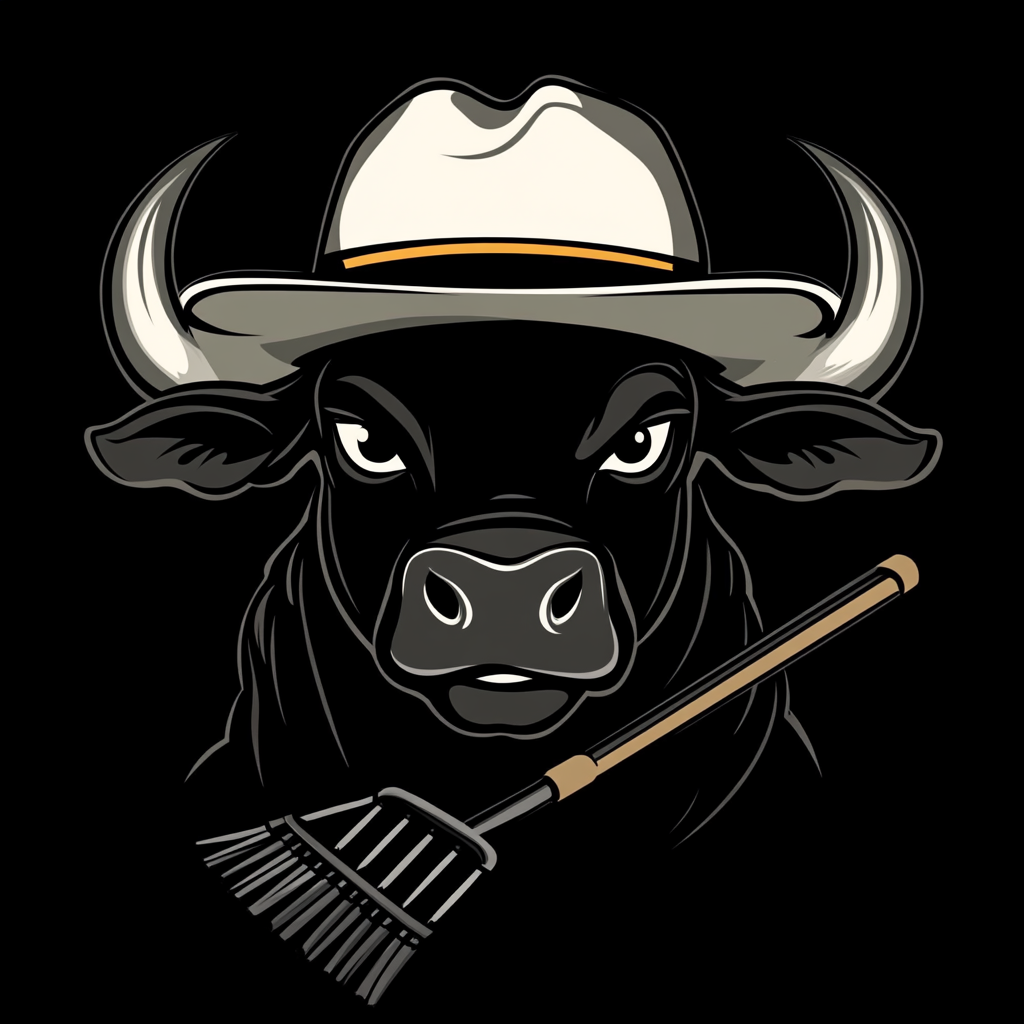 A Cartoon Bull with White Hat and Rake Logo