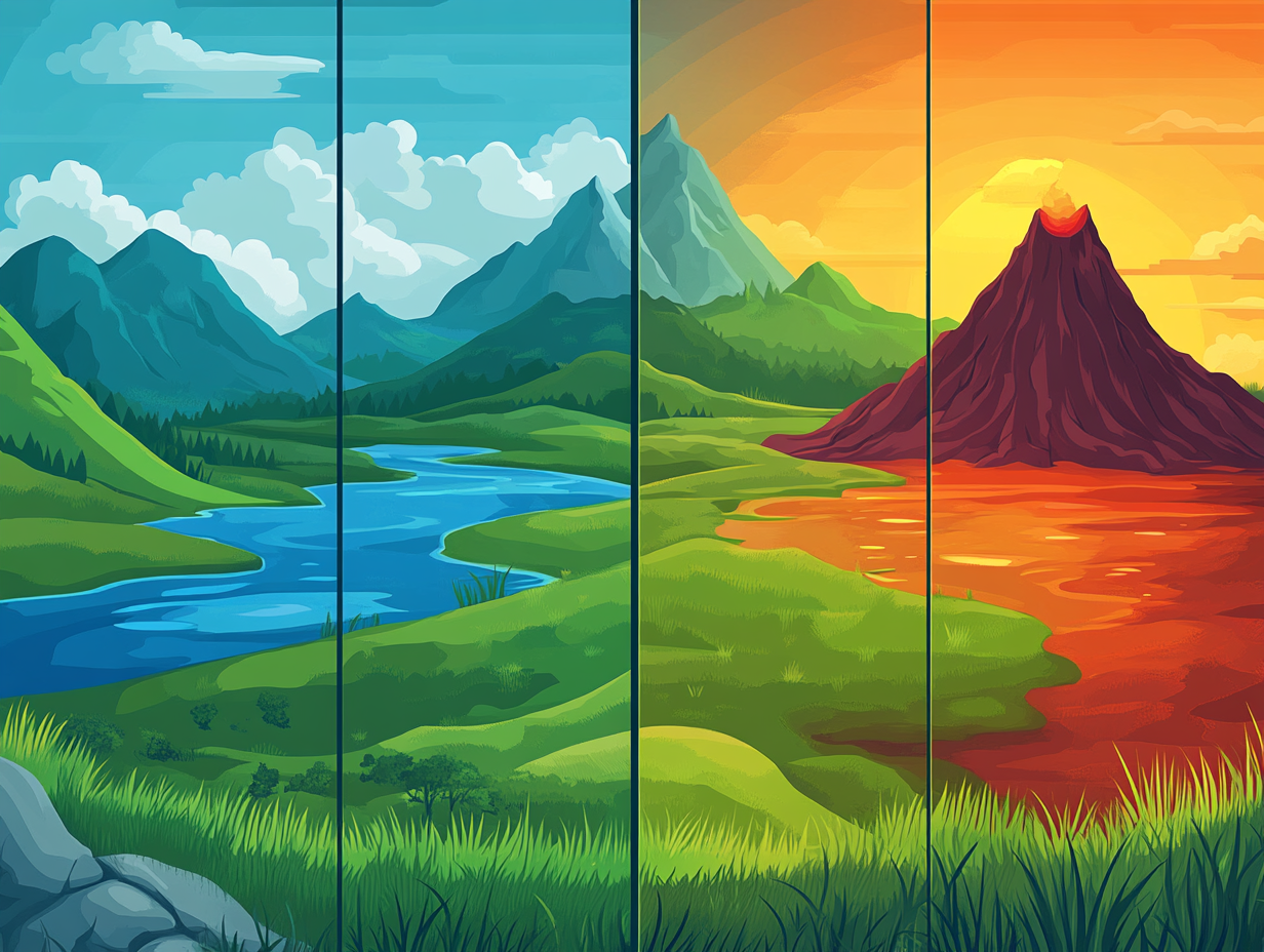 A Cartoon Landscape with Grassland, Lake, and Volcano