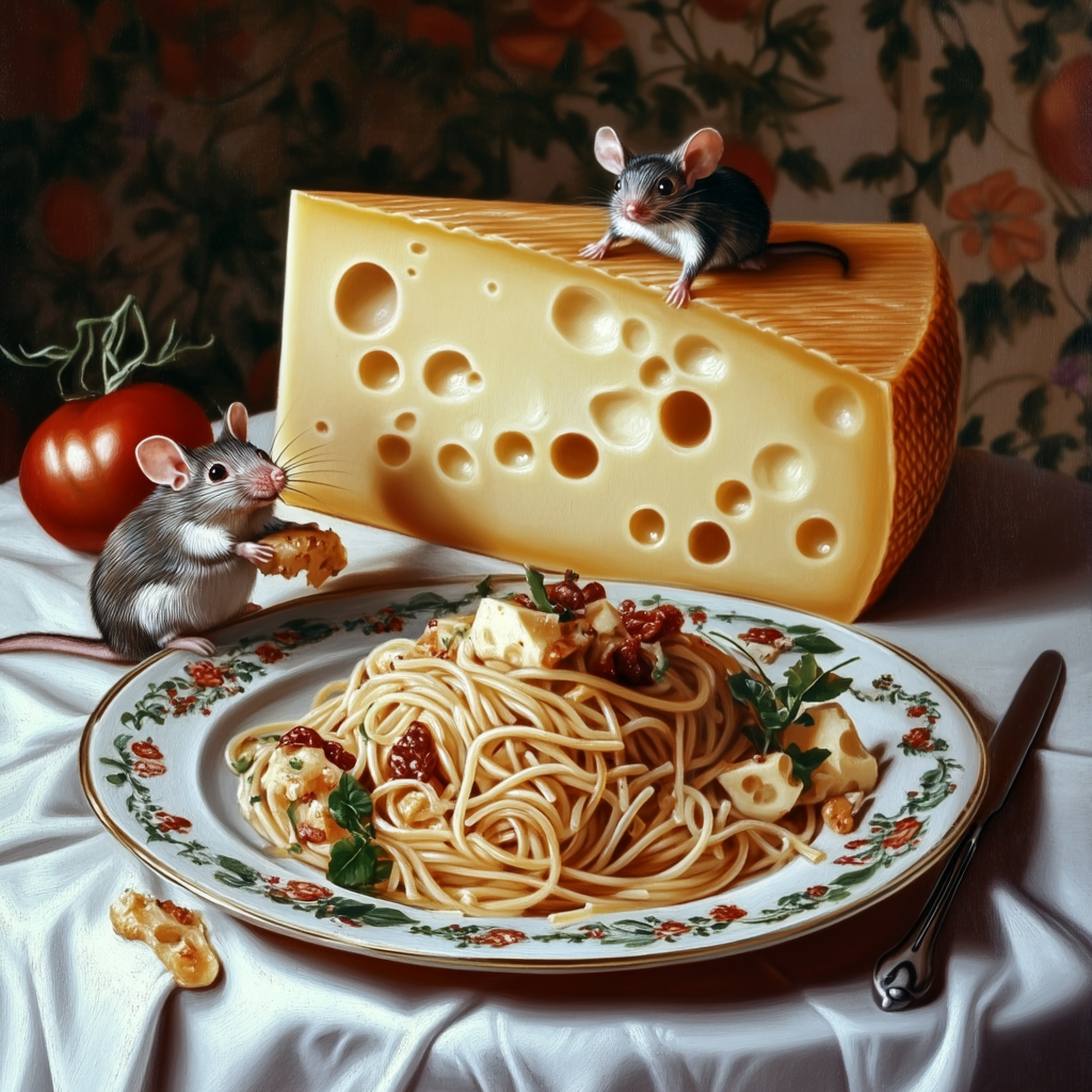 A Cartoon Mouse with Pasta and Cheese