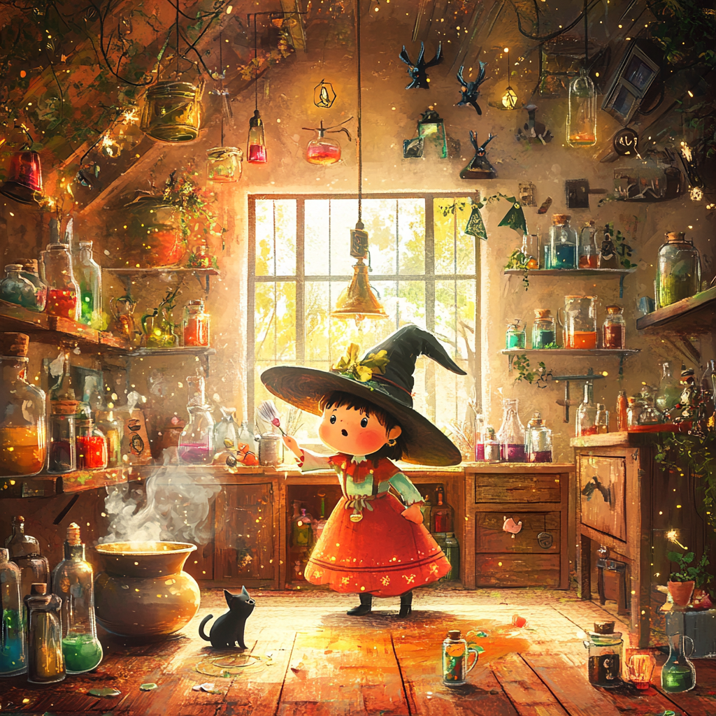 A Cartoon Witch Mixing Potions in House