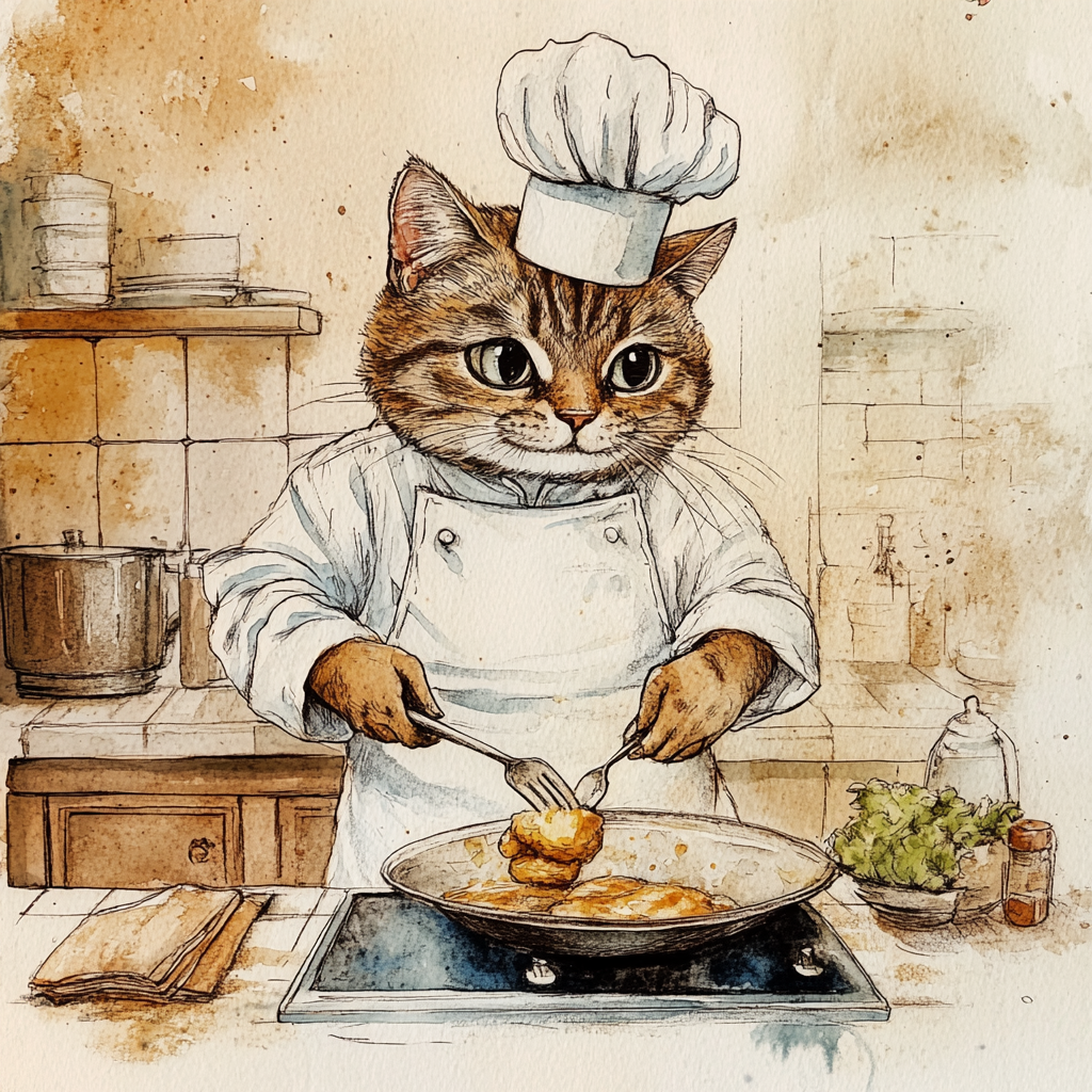 A Cat Chef Cooking in a Kitchen