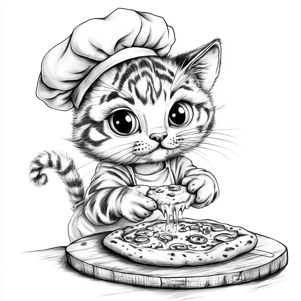 A Cat Chef Making Pizza in Cartoon Style