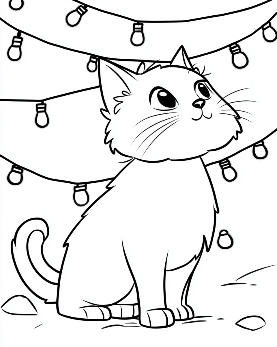 A Cat Entangled in Christmas Lights Coloring Page