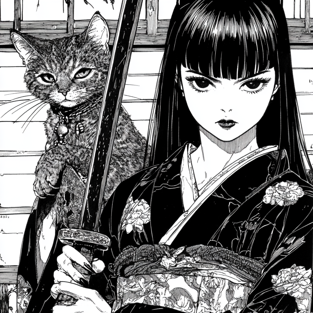 A Cat Woman with Polearm in Black Manga