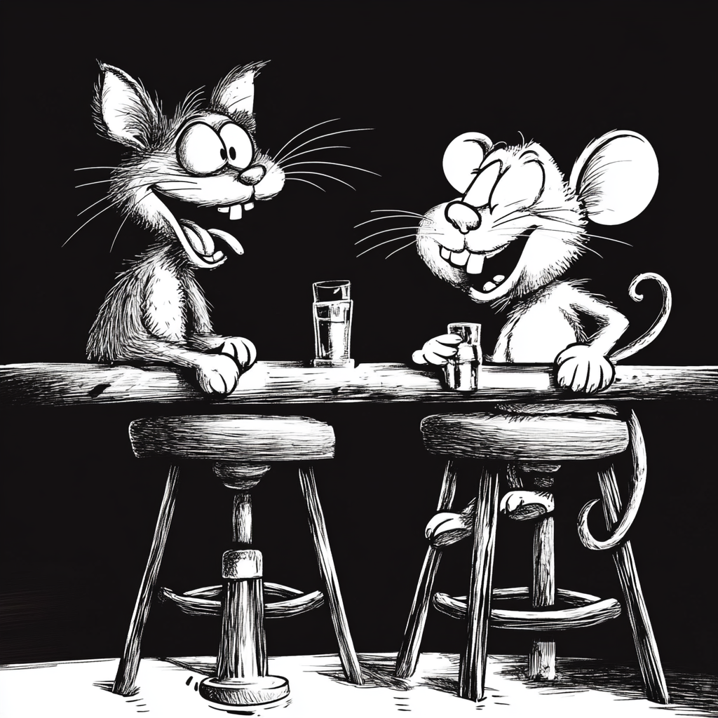 A Cat and Mouse Laughing at Bar