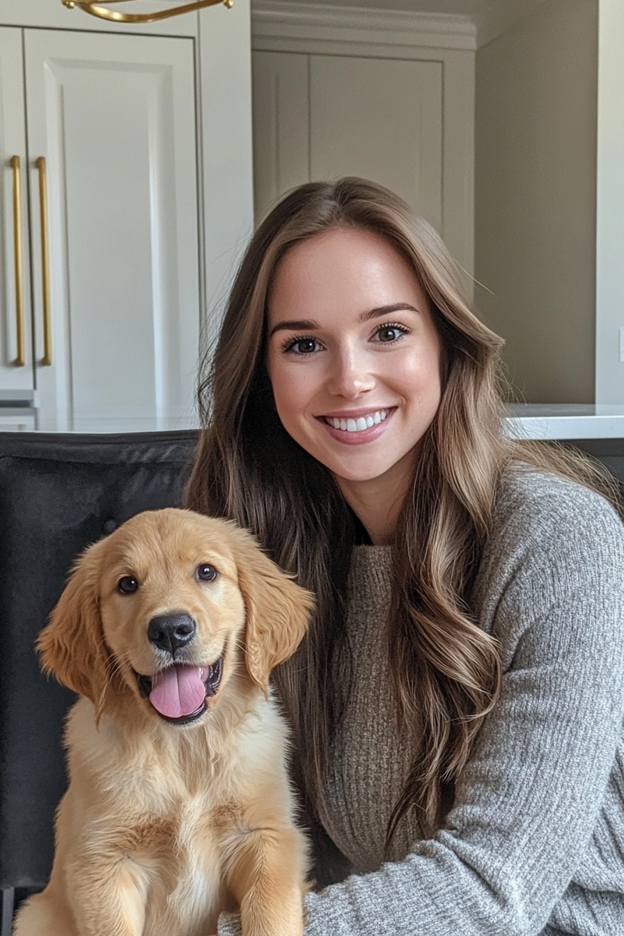 A Caucasian Woman with Brown Hair and Puppy