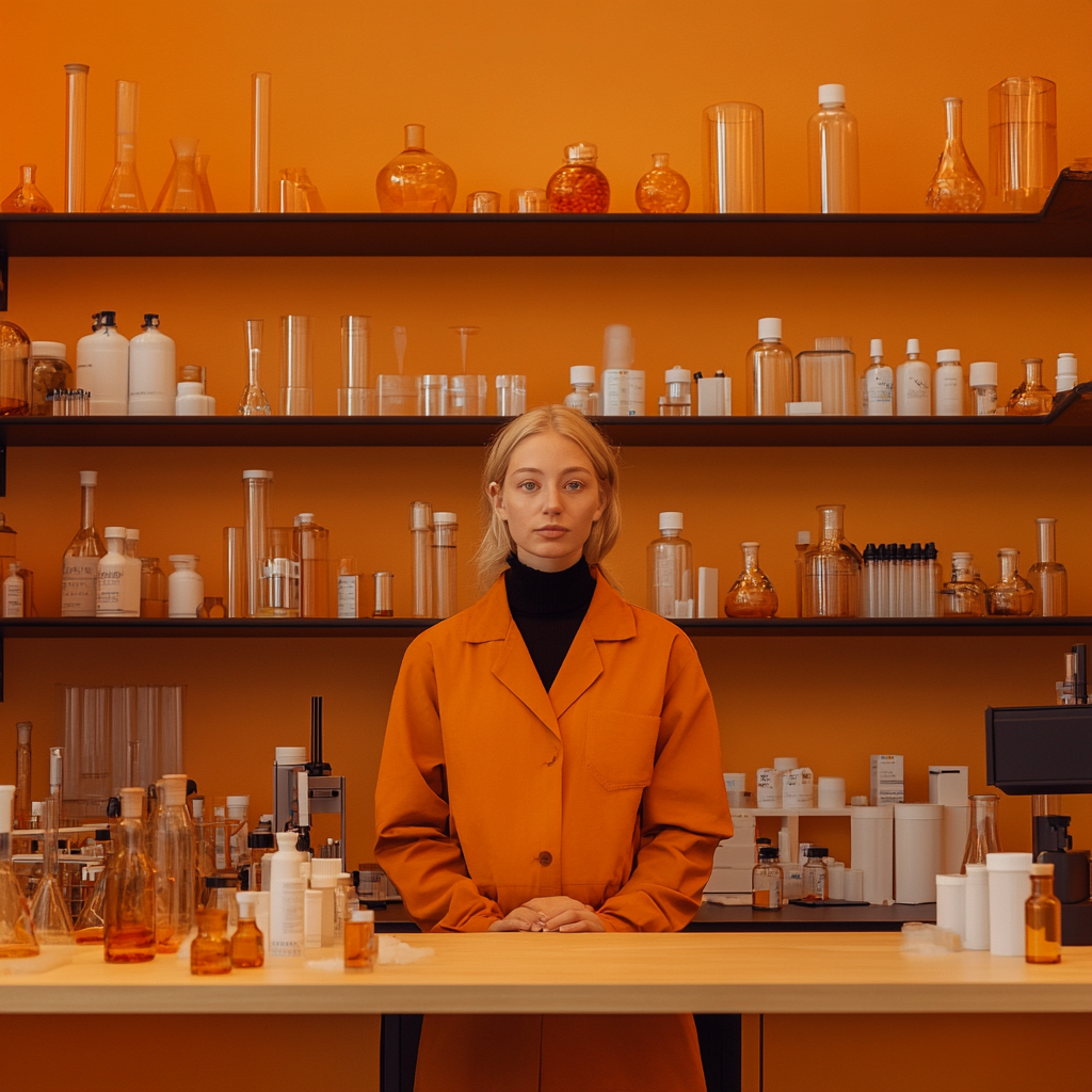 A Caucasian model in orange lab with shelves