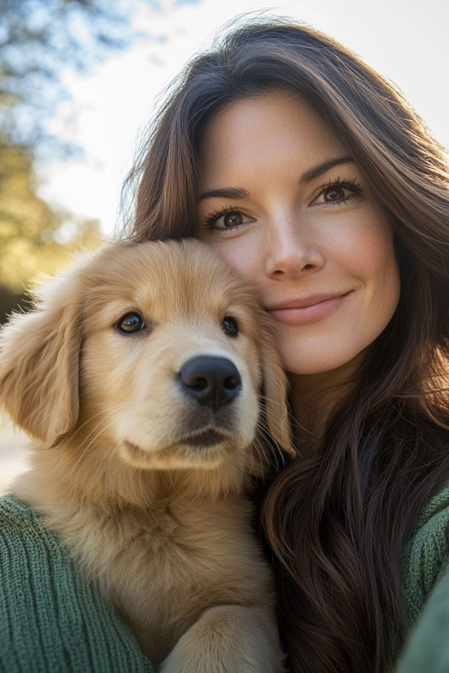 A Caucasian woman with a puppy in the park