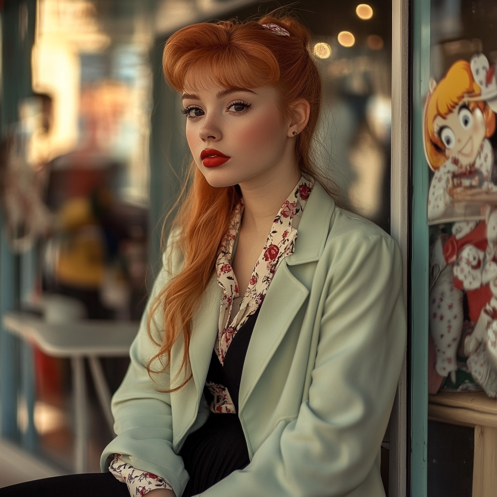 A Caucasian young woman in vintage Disney outfit.