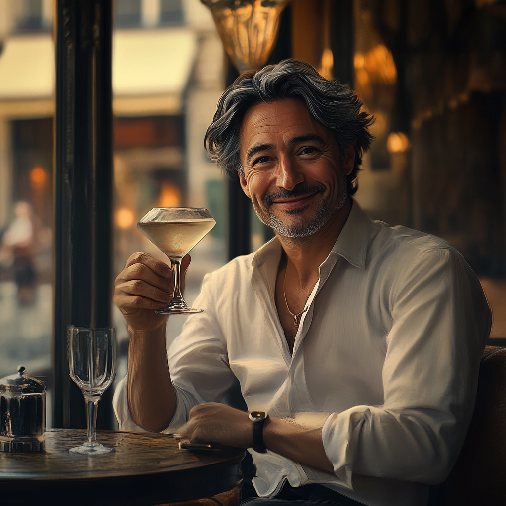 A Cheerful Elderly Man Savoring Martini in Paris