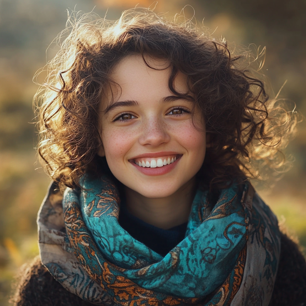 A Cheerful European Girl Smiling Outdoors in Cozy Outfit