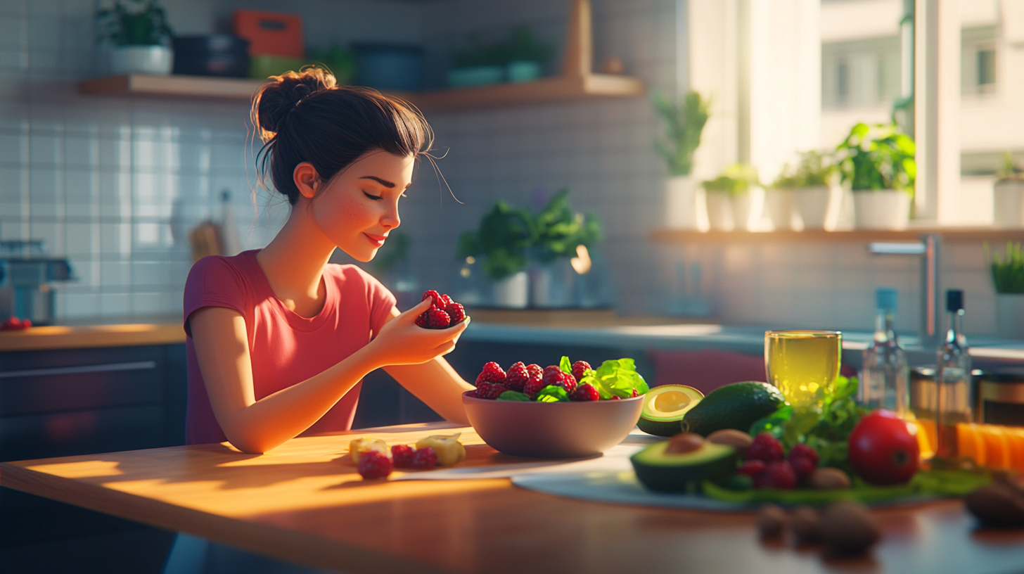 A Cheerful Woman Eating Healthy at Kitchen Table