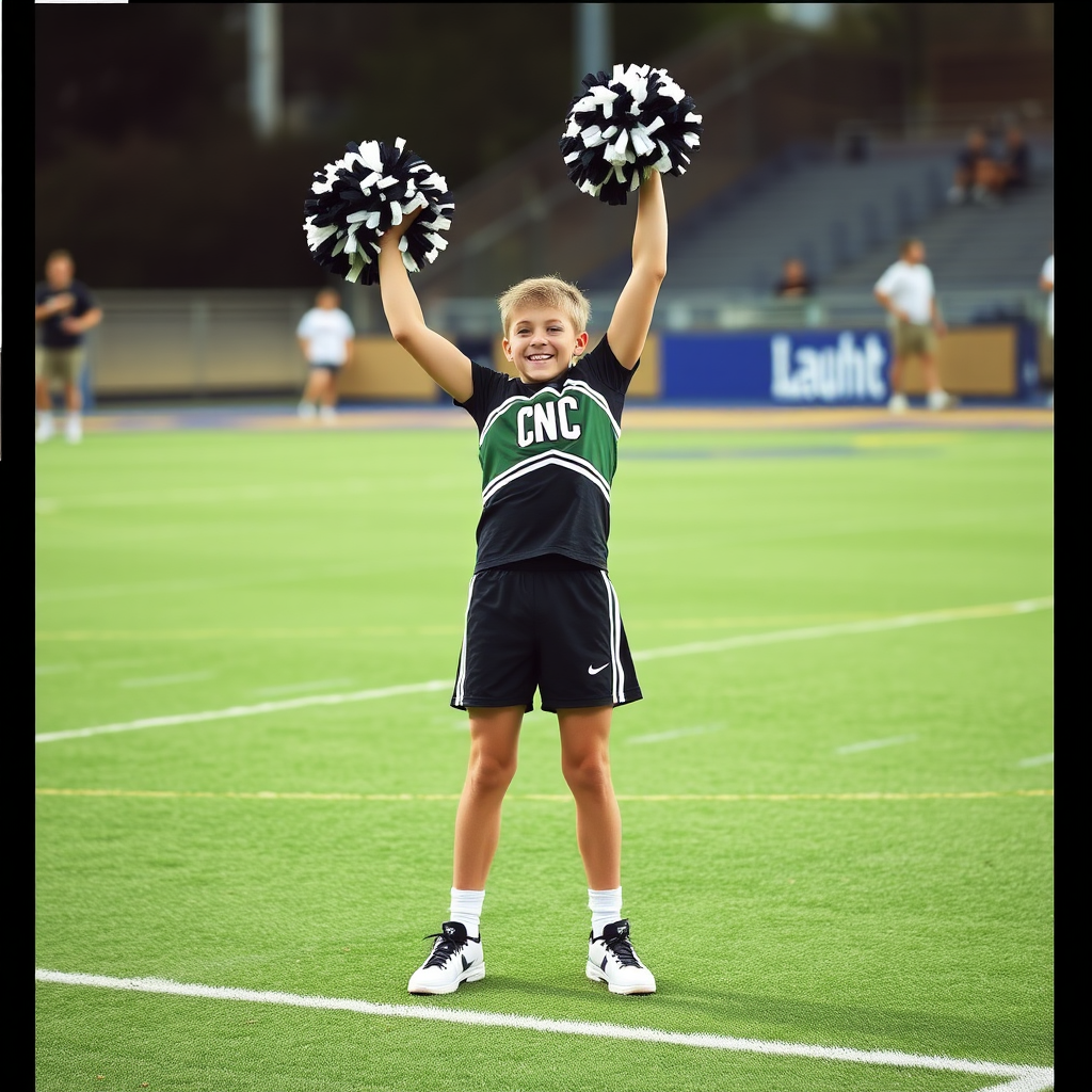 A Cheerleader Boy Cheers Happily at Game.