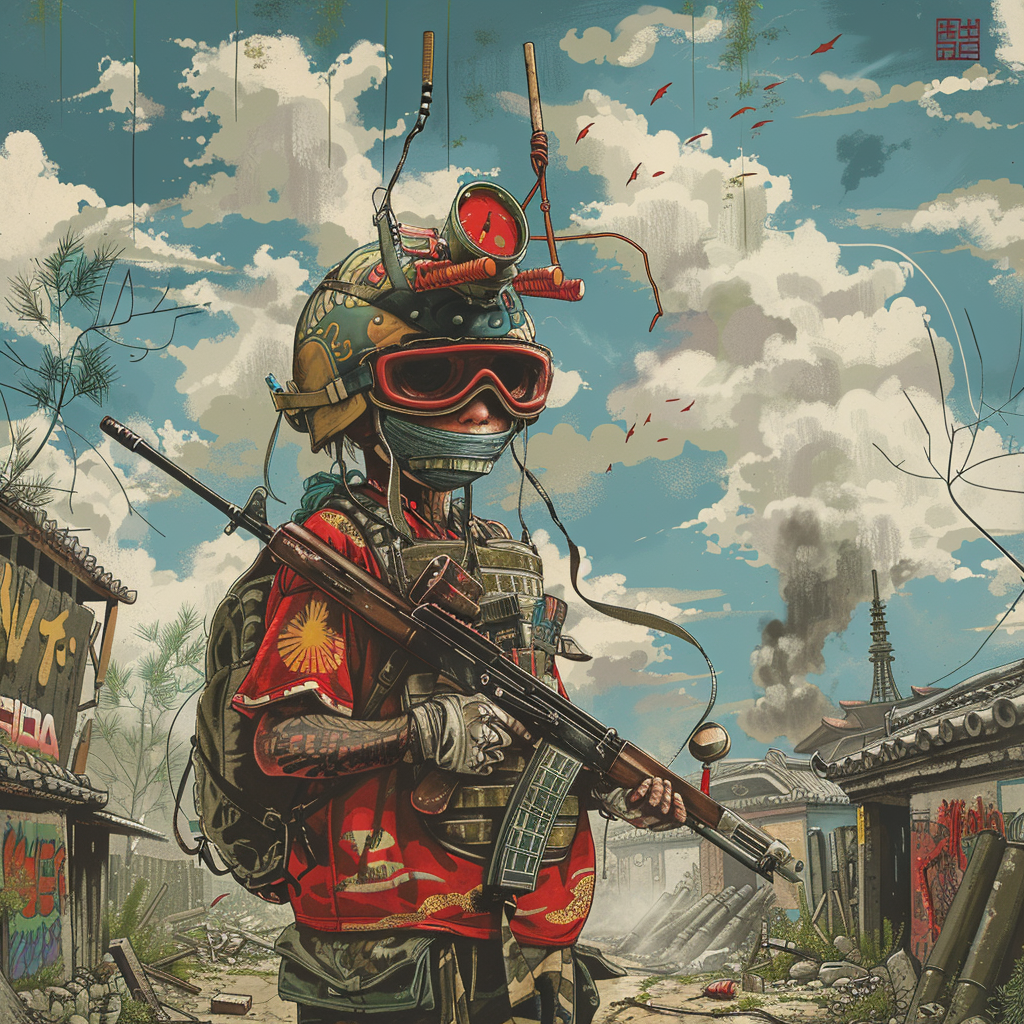 A Child Soldier in Samurai Mask in Ruined City