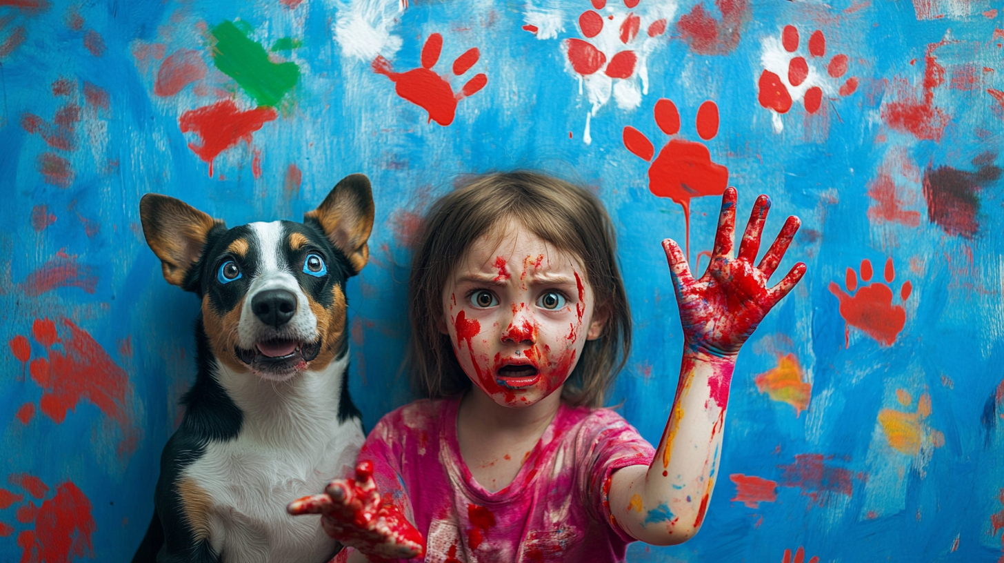 A Child and Dog in Messy Finger Paint