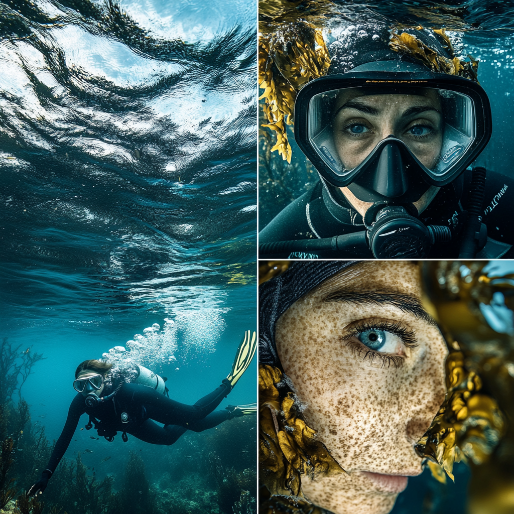 A Chilean woman models cold water diving wetsuit.