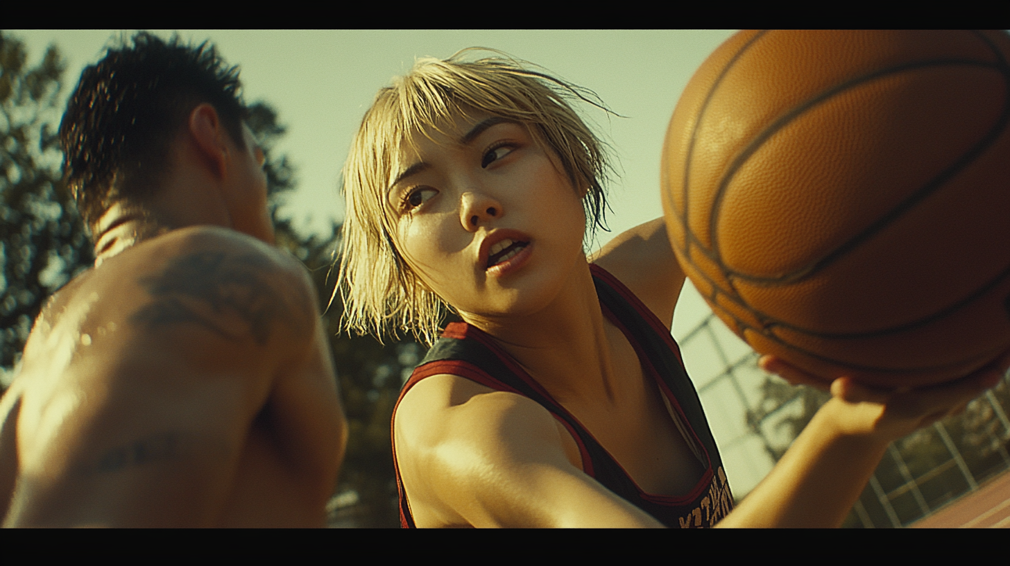 A Chinese Girl Plays Basketball Outdoors