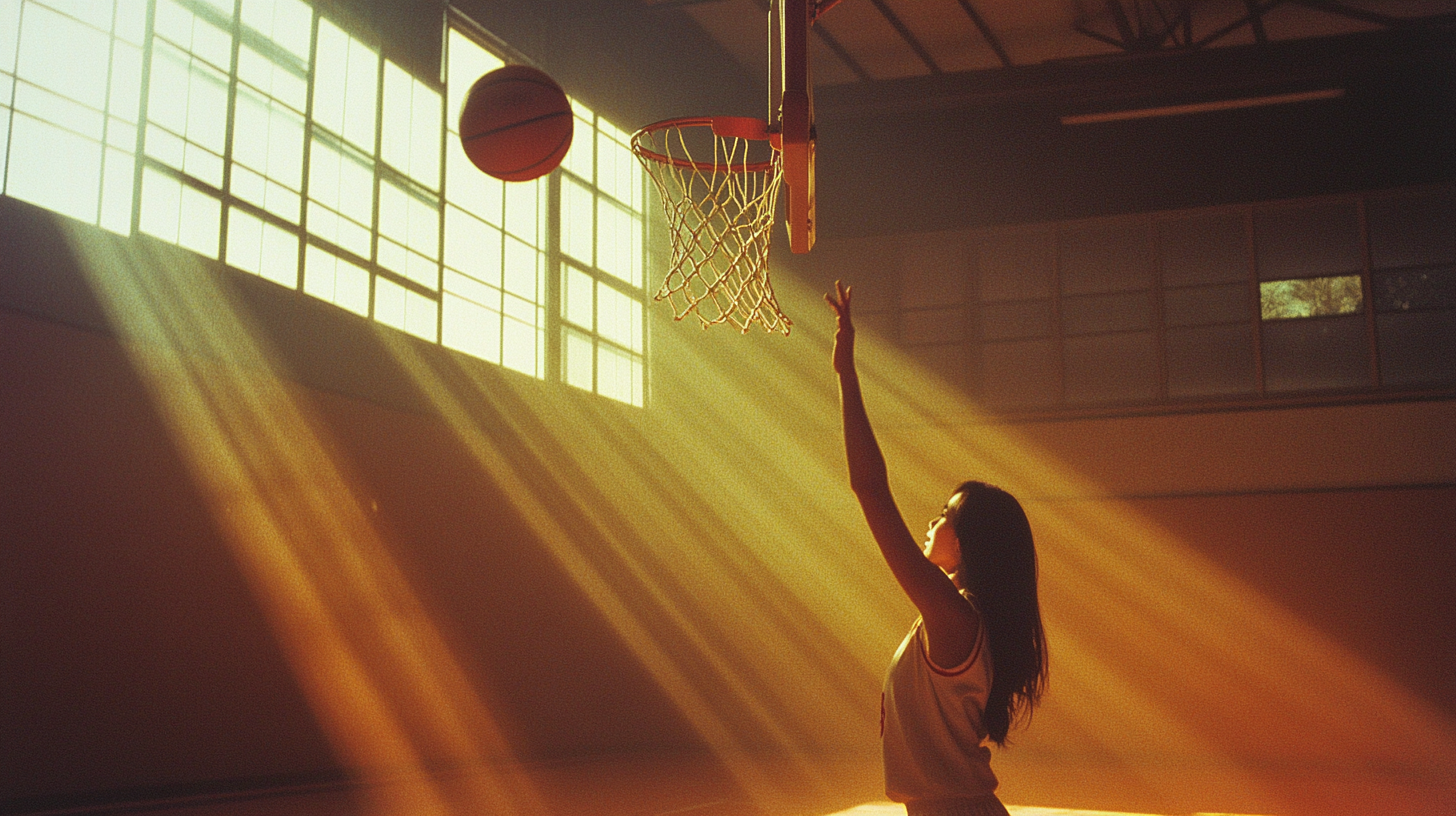 A Chinese Woman Shooting a Basketball Indoors