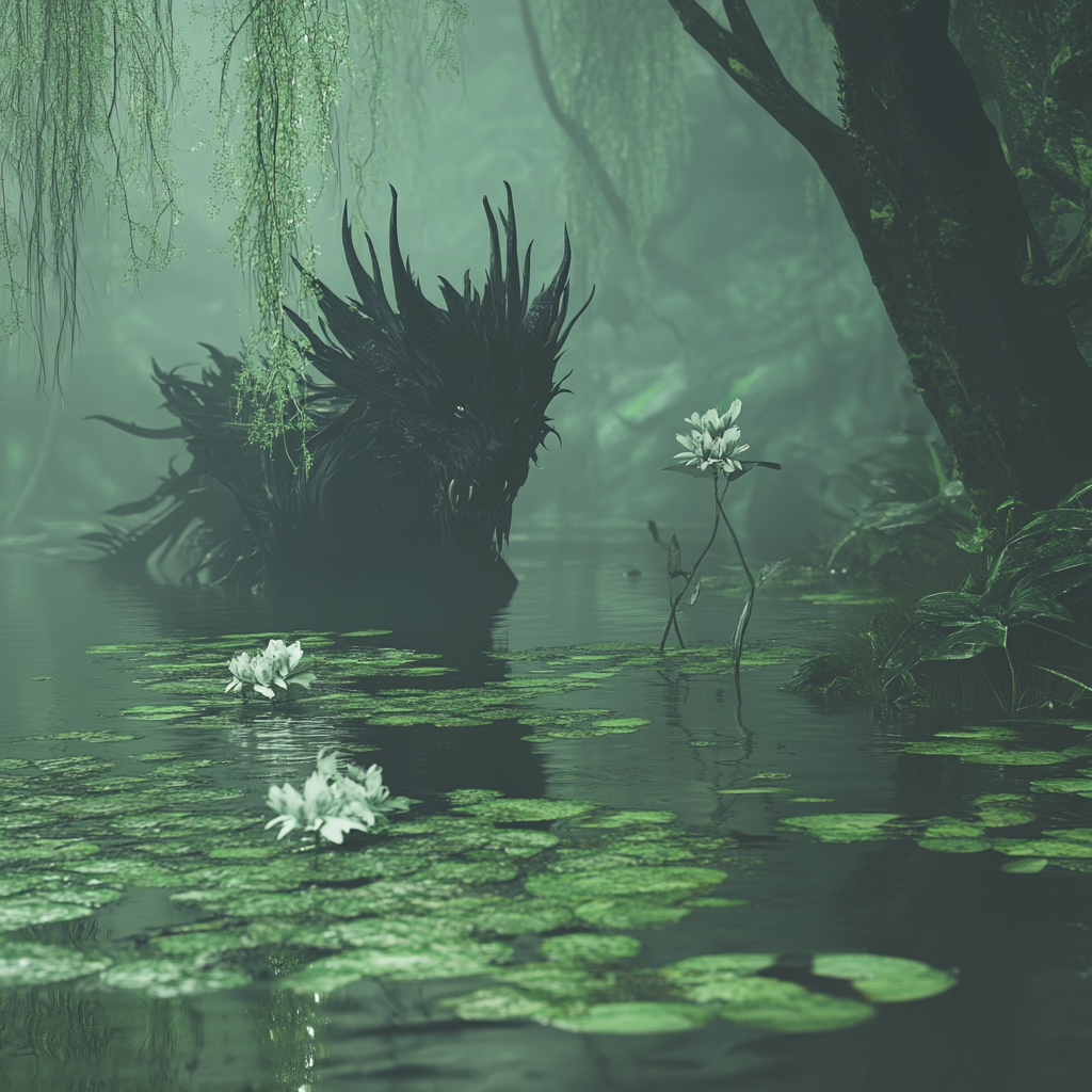 A Chinese demon in a misty green pond.