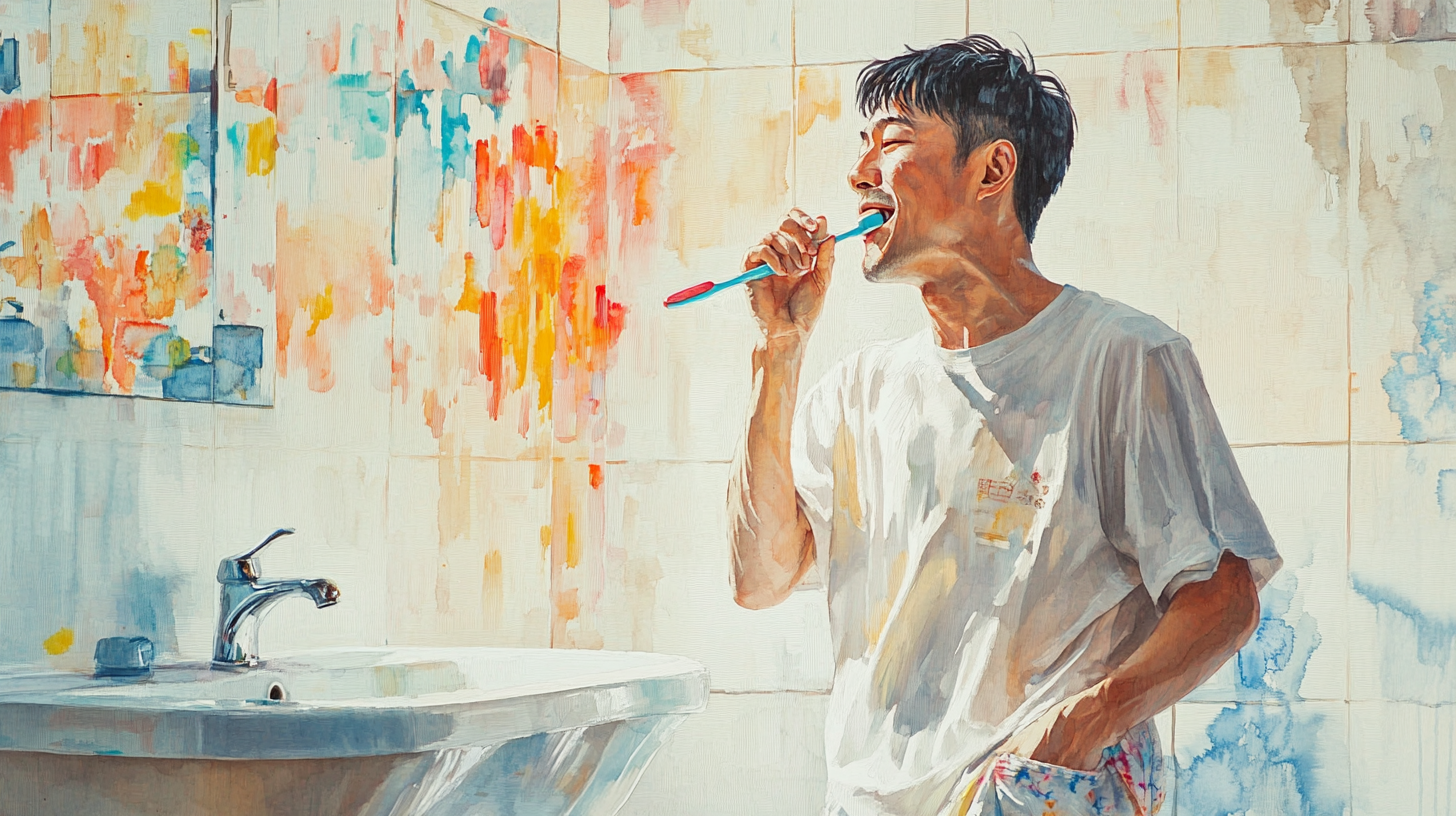 A Chinese man brushing teeth in bathroom.