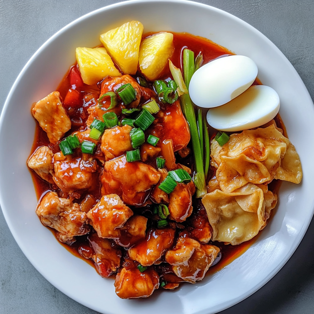 A Chinese plate with chicken, pork, egg, and wontons