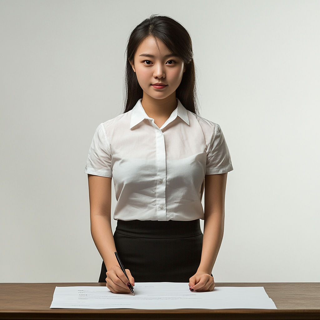 A Chinese sales specialist signing a contract