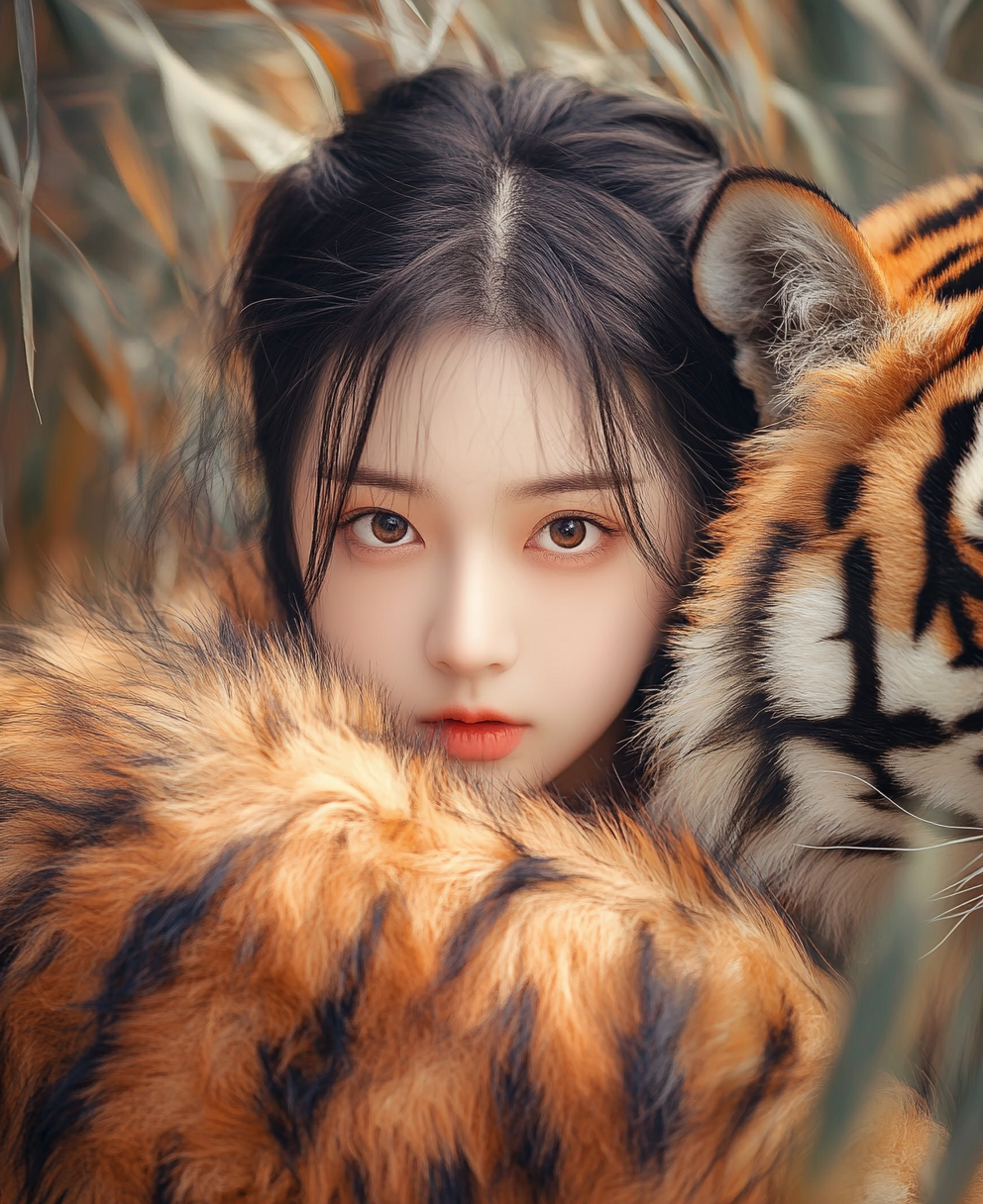 A Chinese woman in tiger fur with dramatic lighting