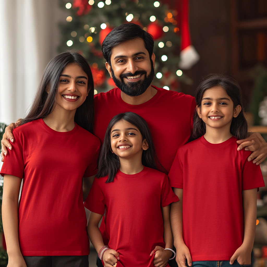 A Christmas Indian family of four in red shirts.