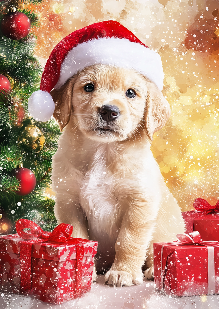 A Christmas card with cute puppies in Santa hats