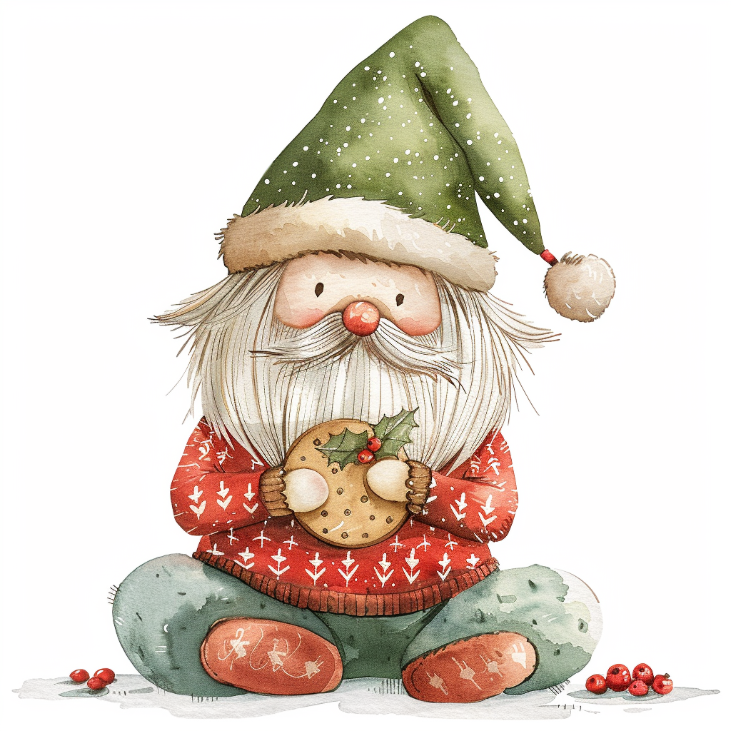 A Christmas gnome holding cookie and wearing festive outfit