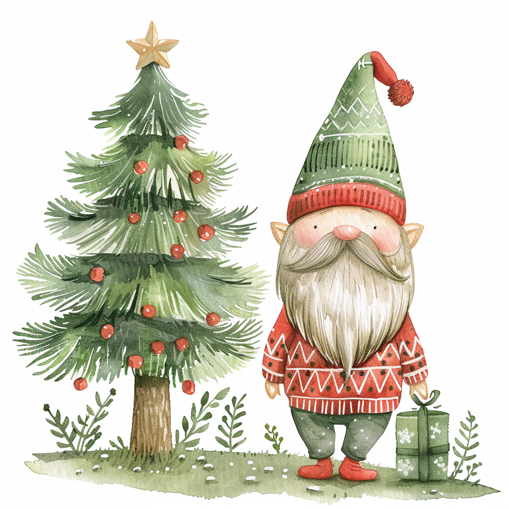 A Christmas gnome in red sweater by tree