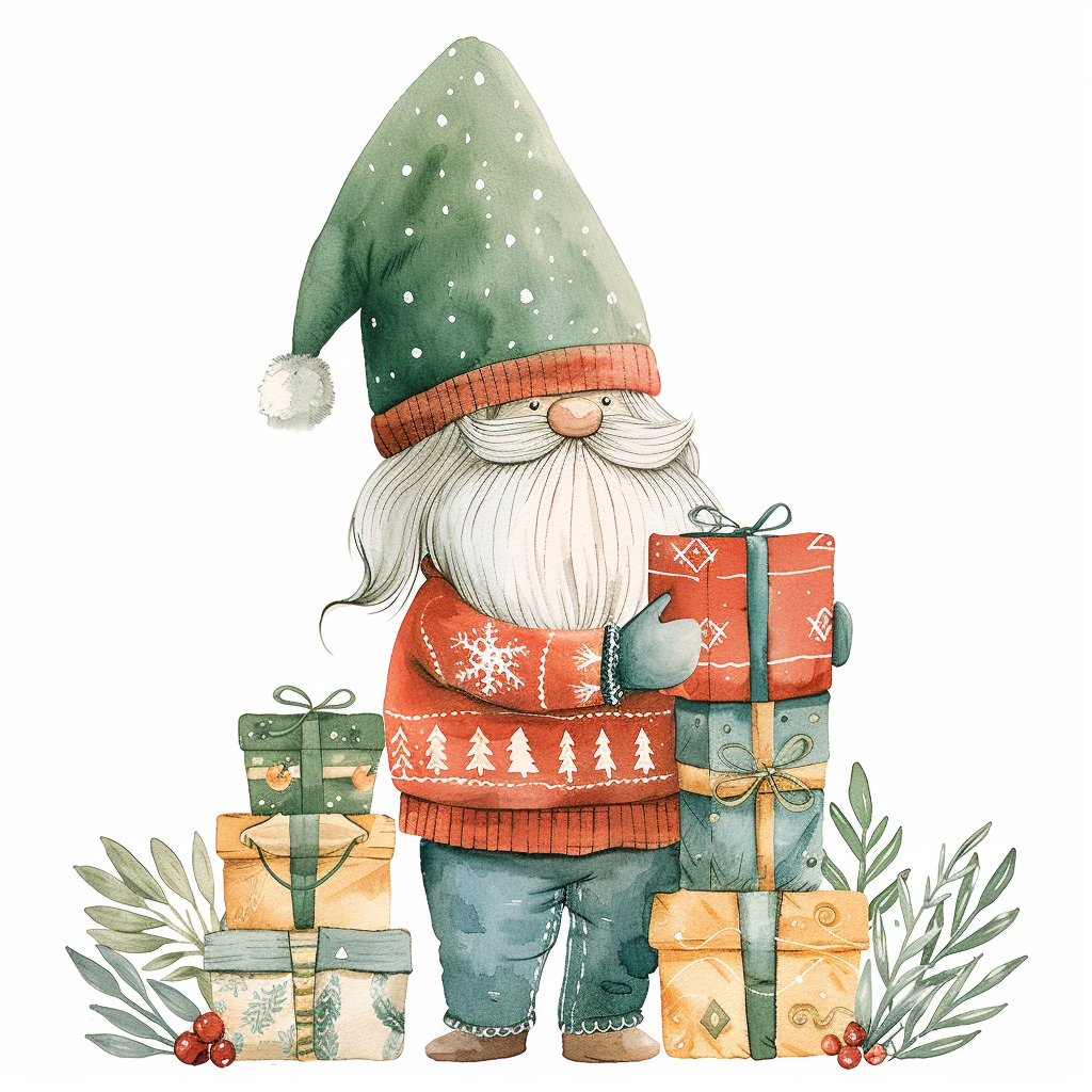 A Christmas gnome in red sweater holds presents