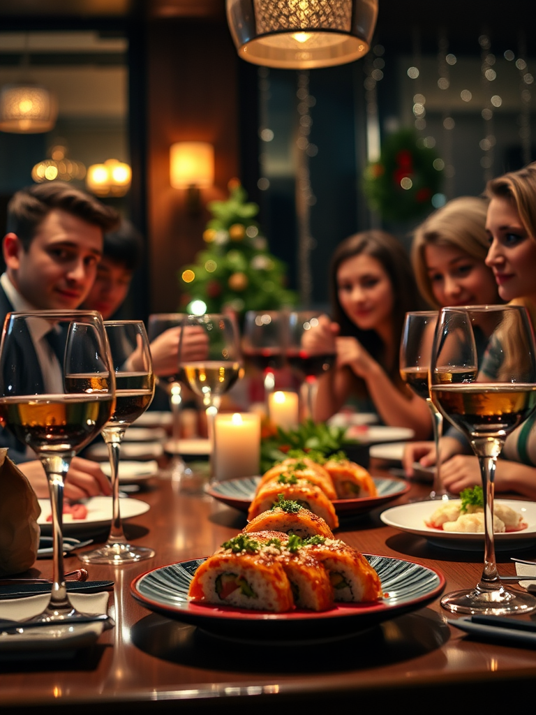 A Christmas party with fancy sushi dinner setting