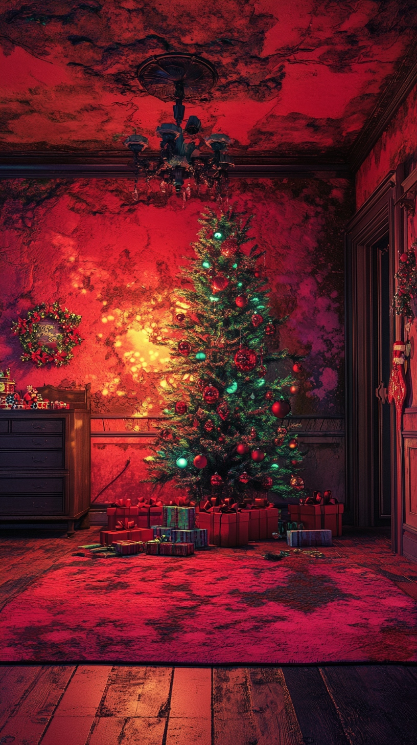 A Christmas room with vibrant red colors.