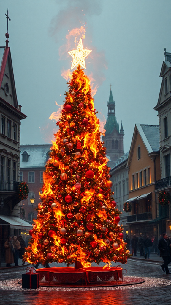 A Christmas tree on fire in town square.