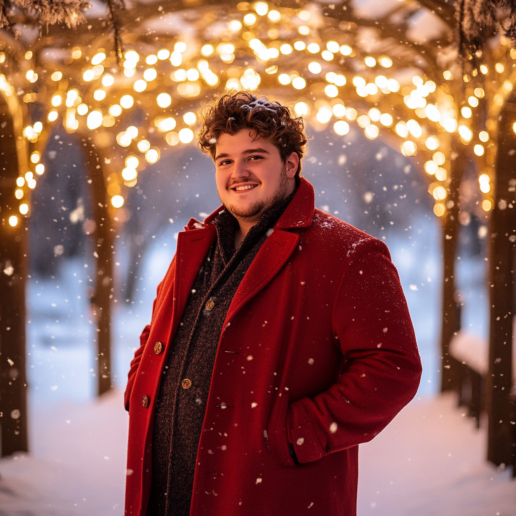 A Chubby Man in Red Peacoat in Snowy Gazebo