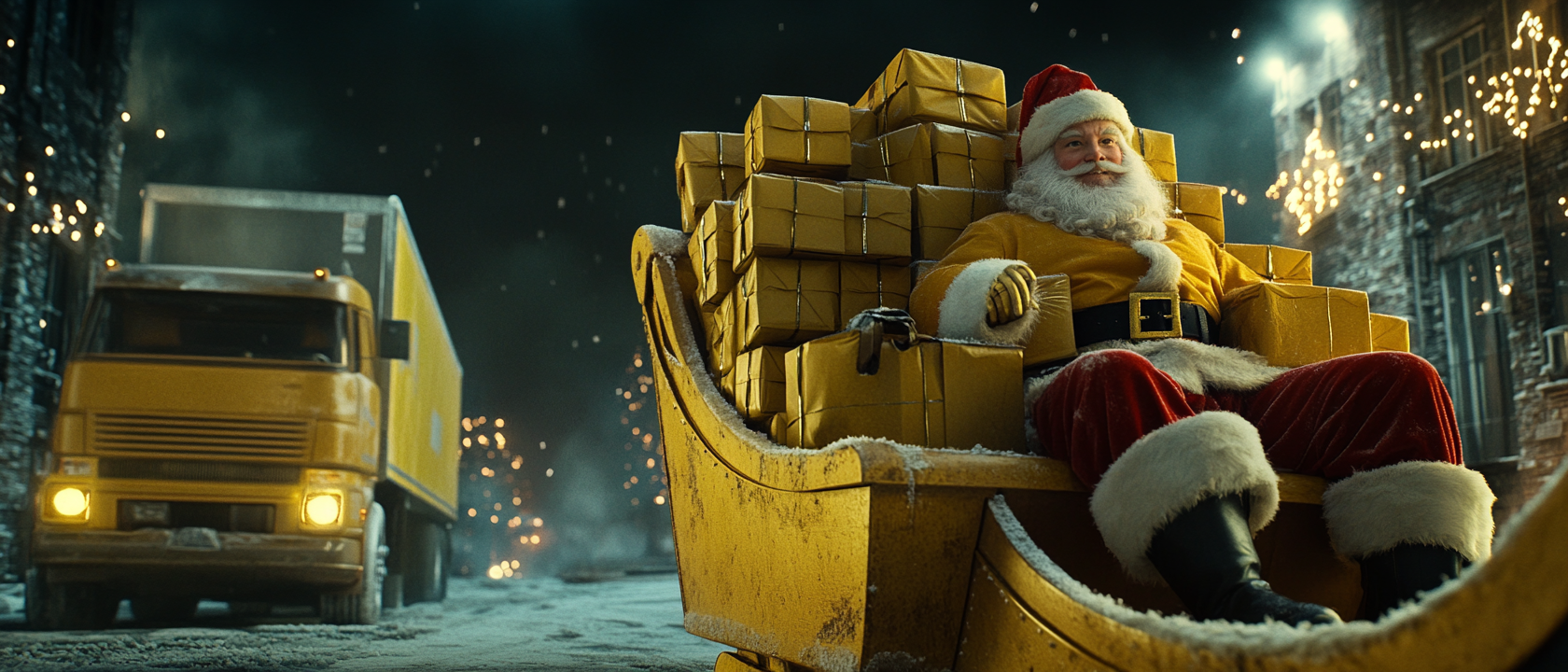 A Cinematic Santa Claus Delivering Logistics Packages