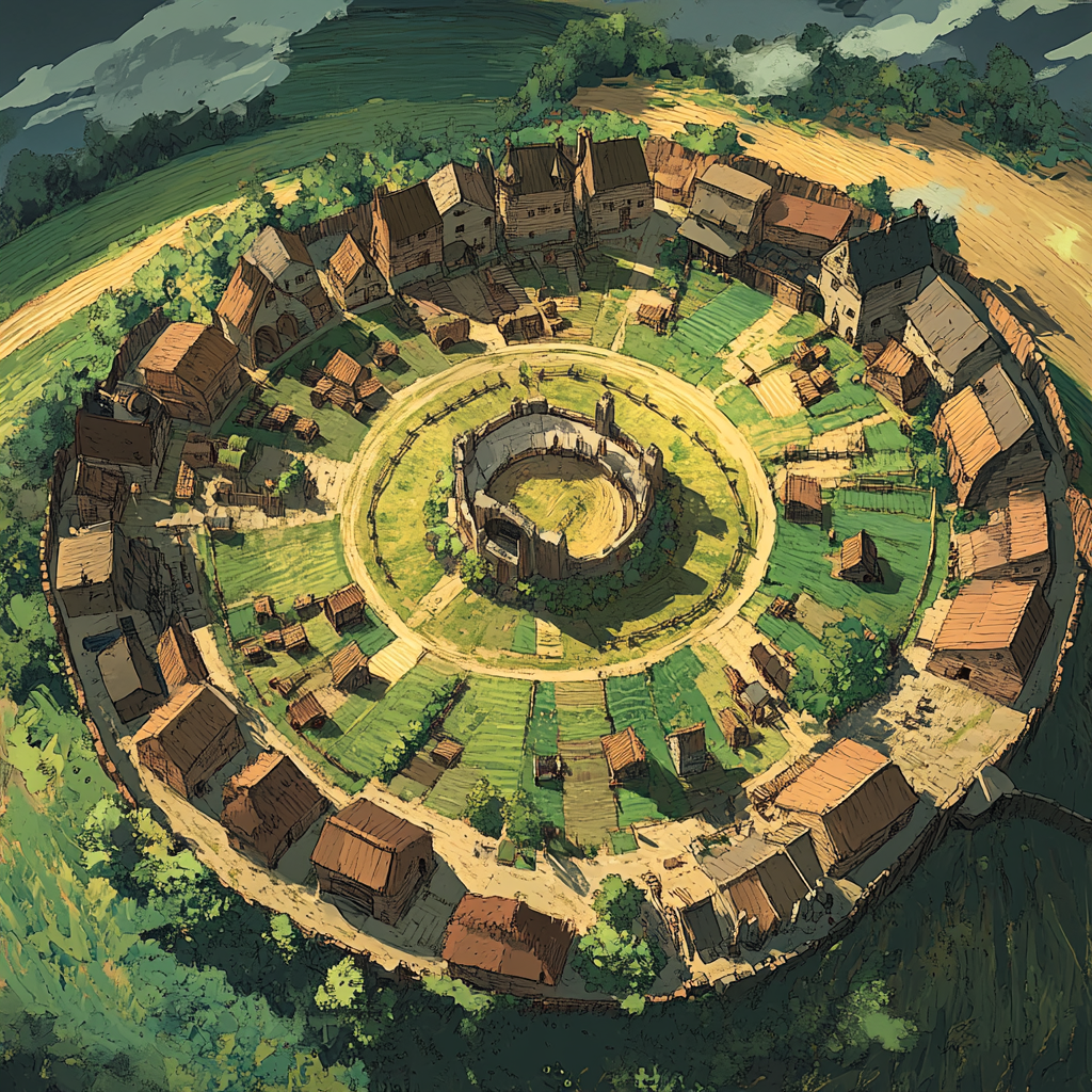 A Circular Farming Village in Dungeons and Dragons Style