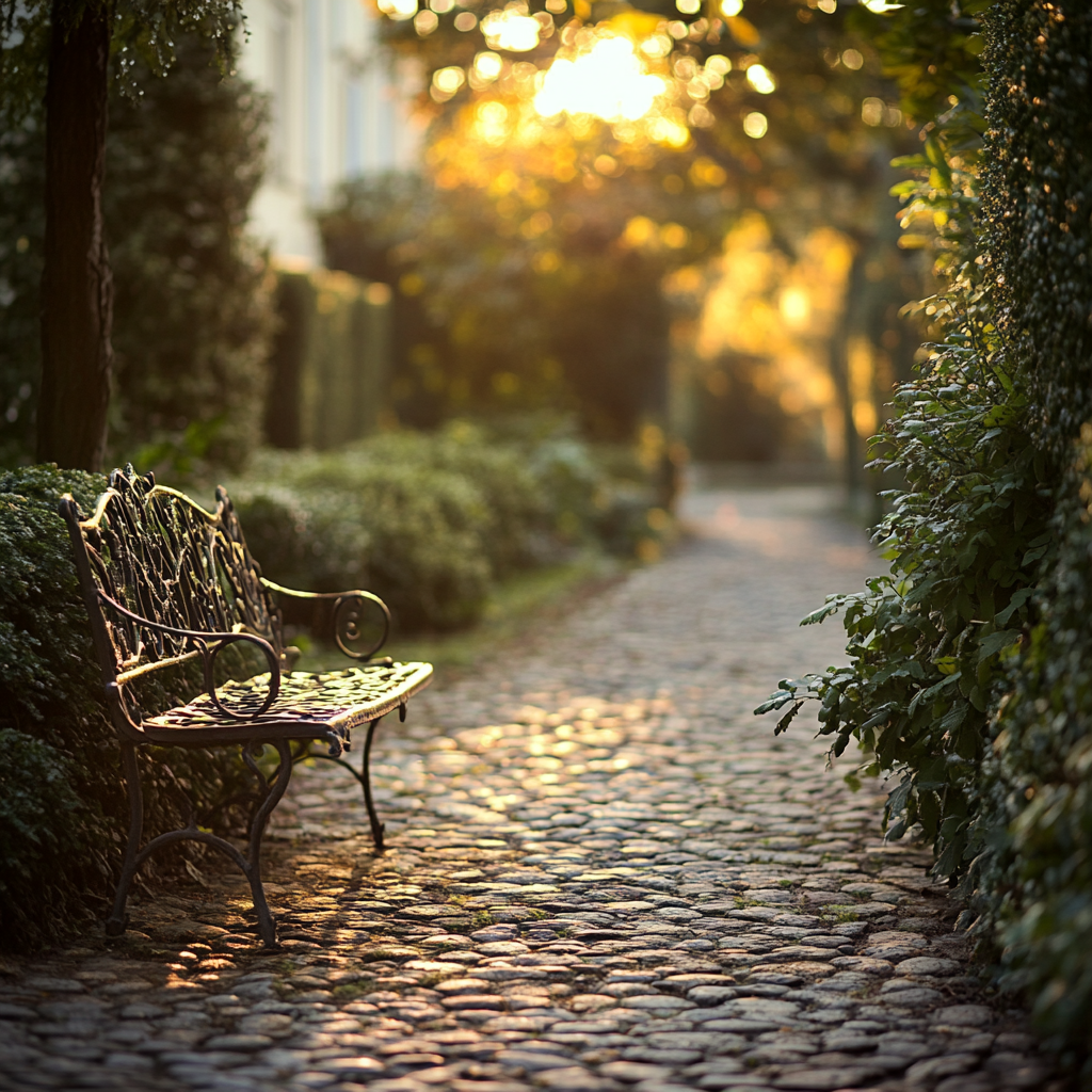 A Classic European Garden with Cobblestone Pathway