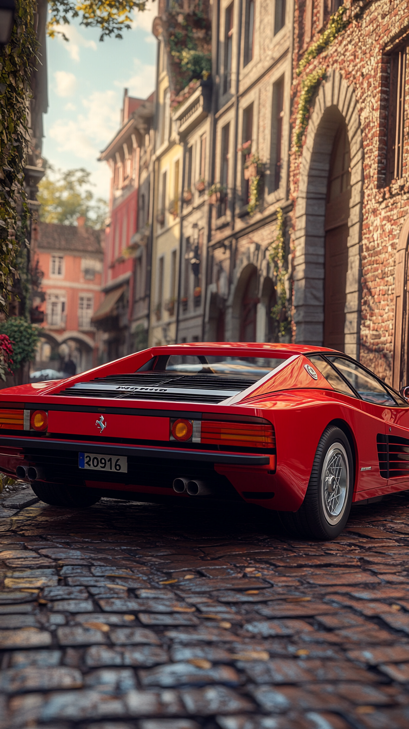 A Classic Ferrari Testarossa on Cobblestone Street