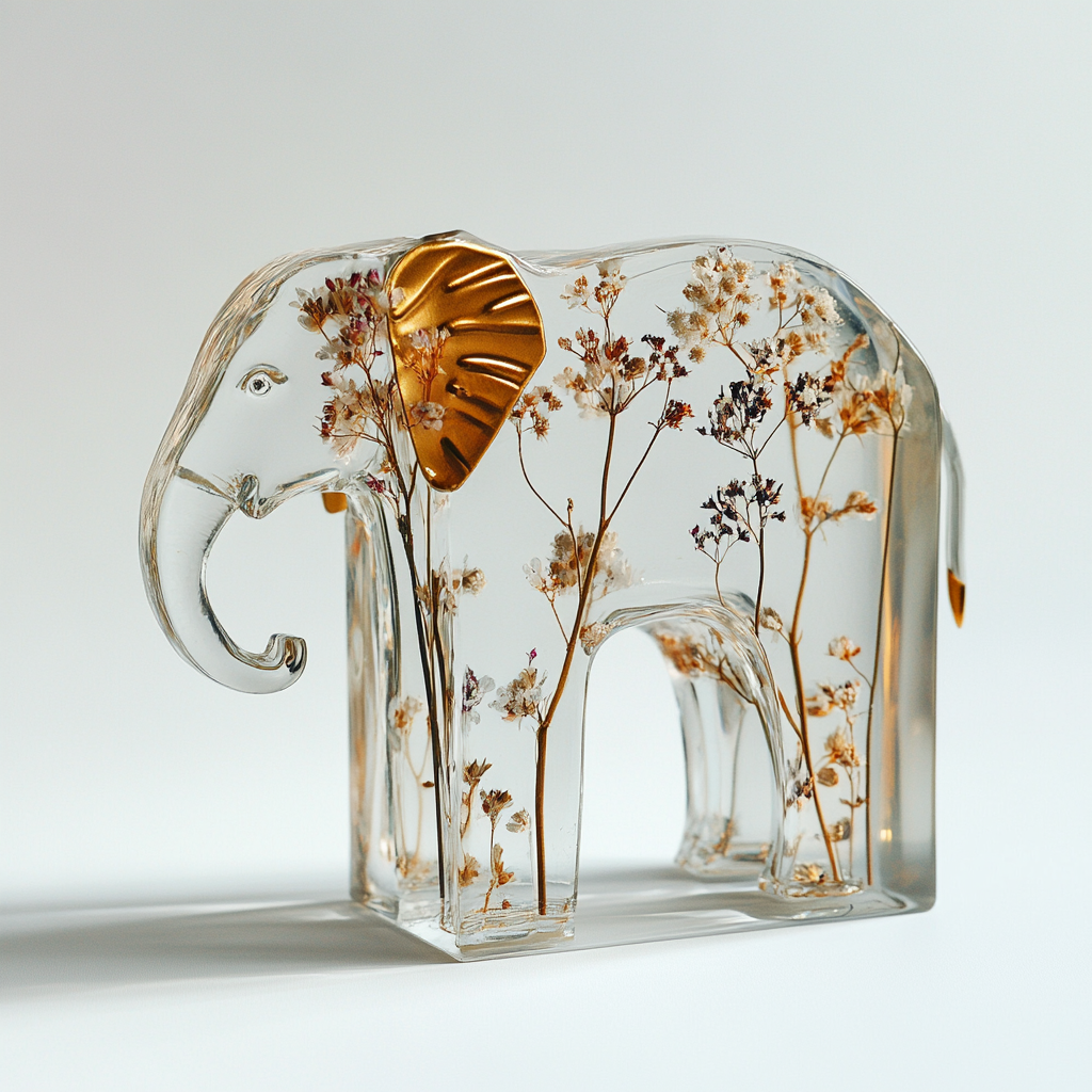 A Clear Glass Elephant with Dried Flowers