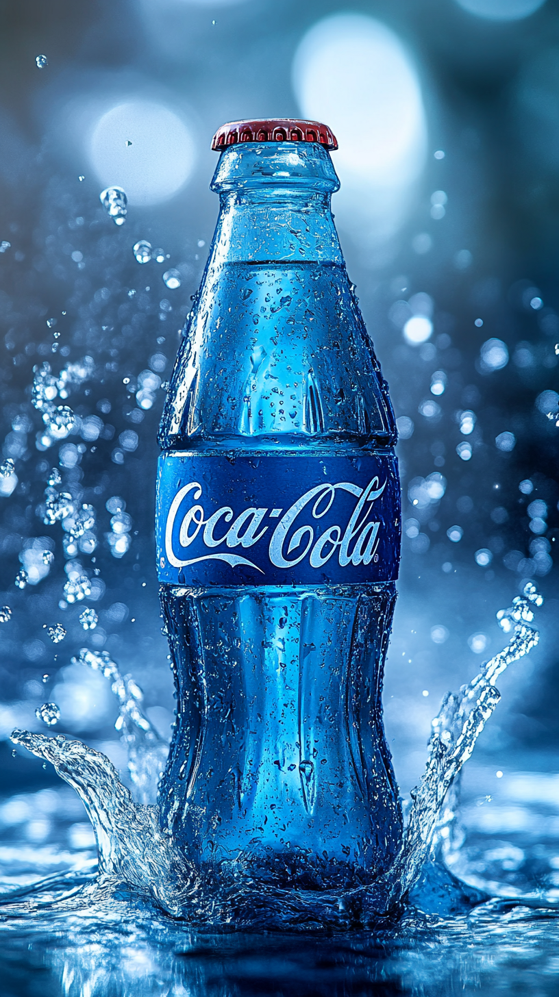 A Coca-Cola bottle with sparkling water and bubbles.