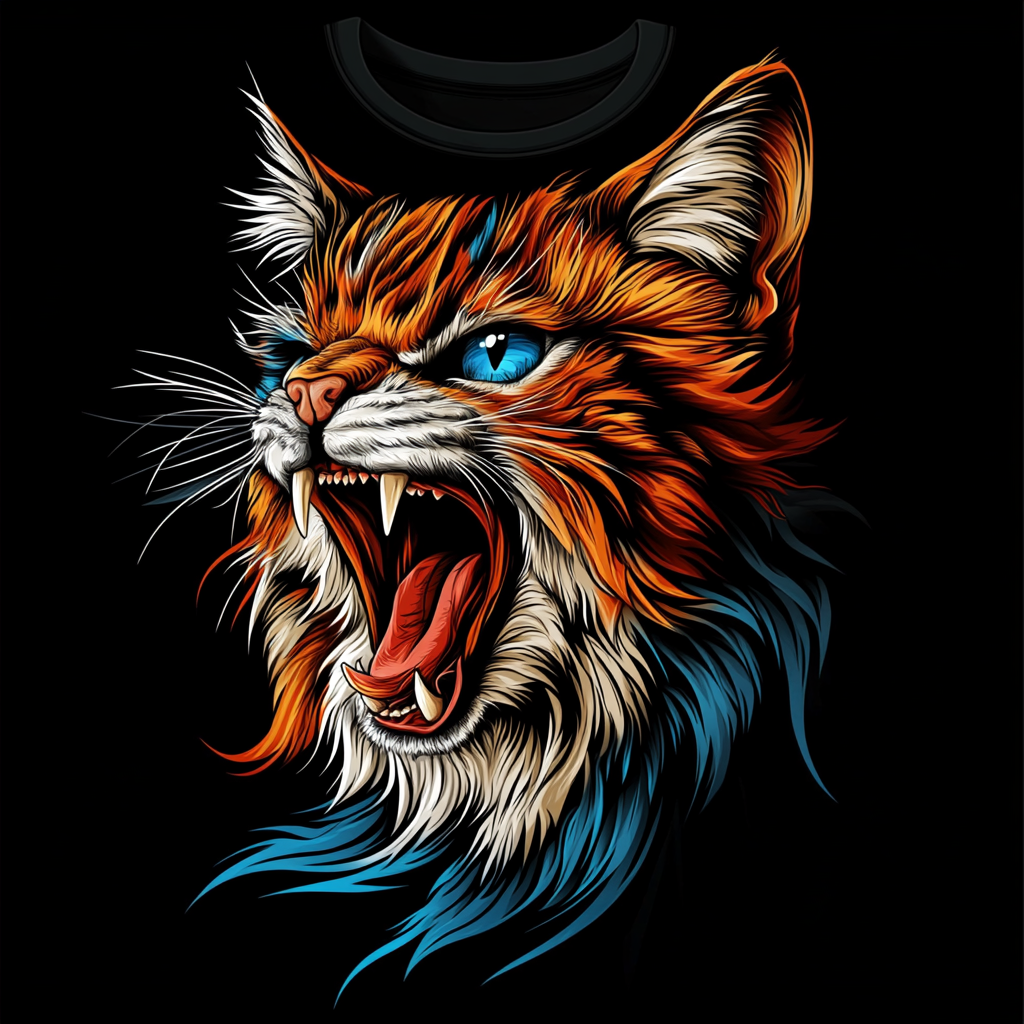 A Colorful Aggressive Cats Portrait on T-shirt