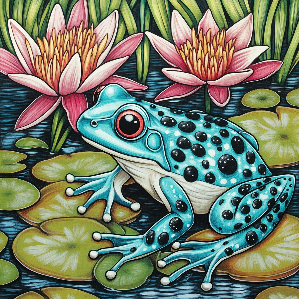 A Colorful Cartoon Frog by a Pond