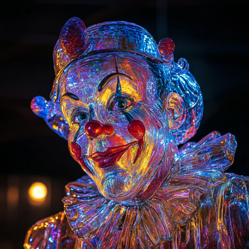 A Colorful Glass Clown Statue in Daylight Spotlight