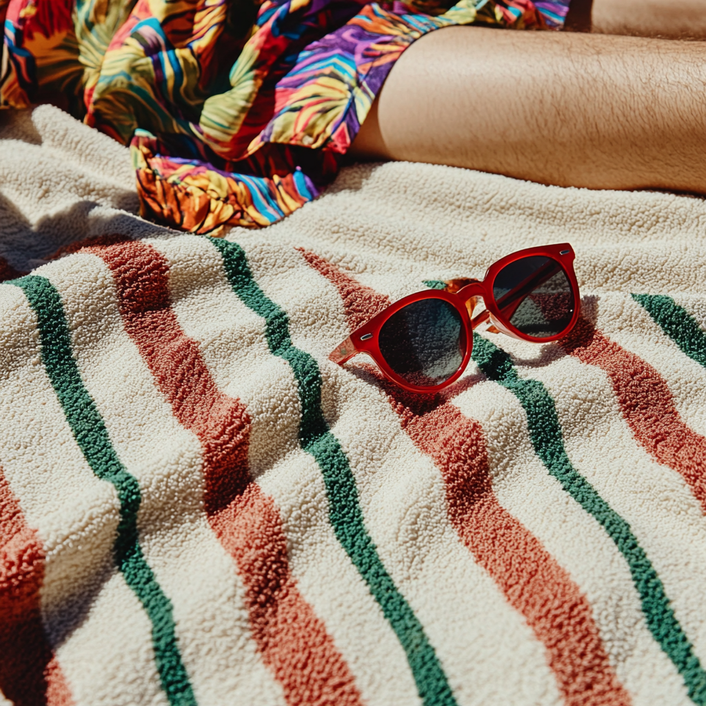 A Colorful Hawaiian Shirt Resting on Striped Blanket