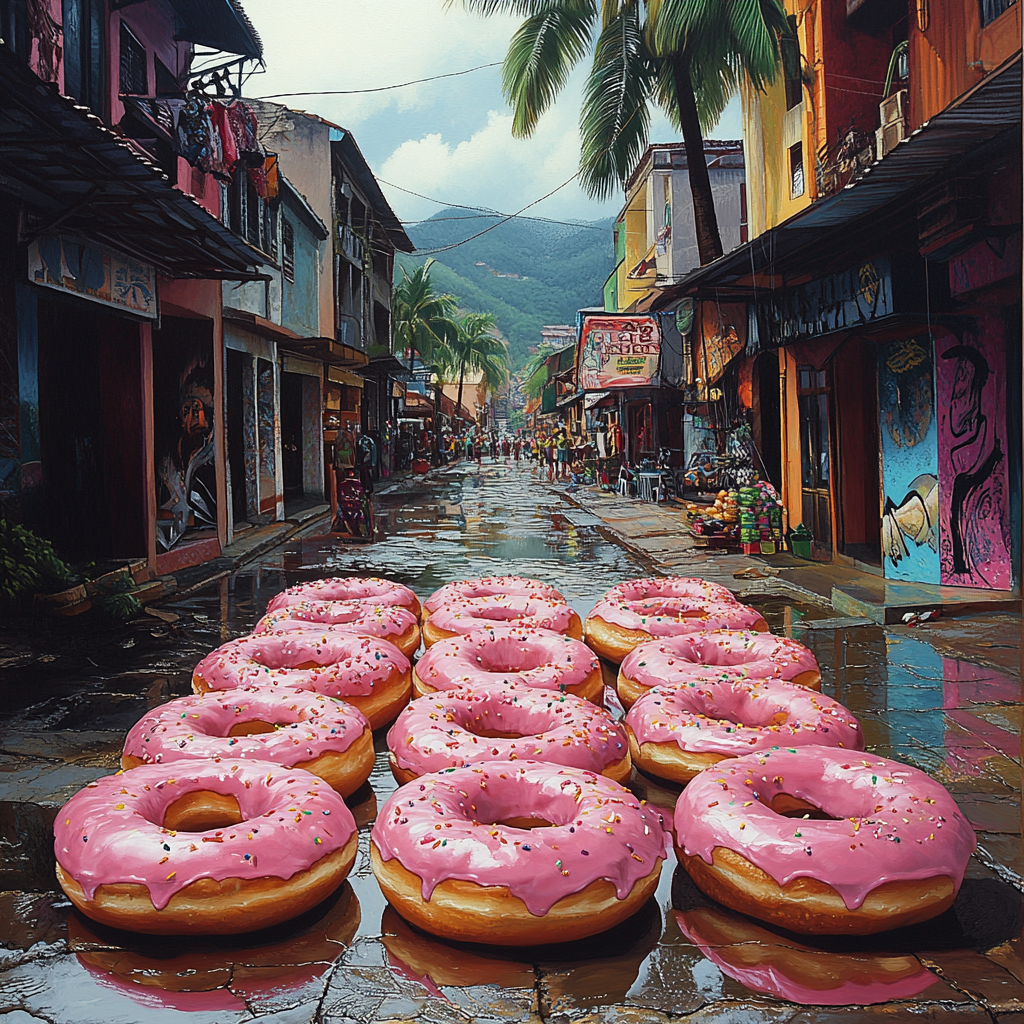 A Colorful Jamaican market with donuts and street art.