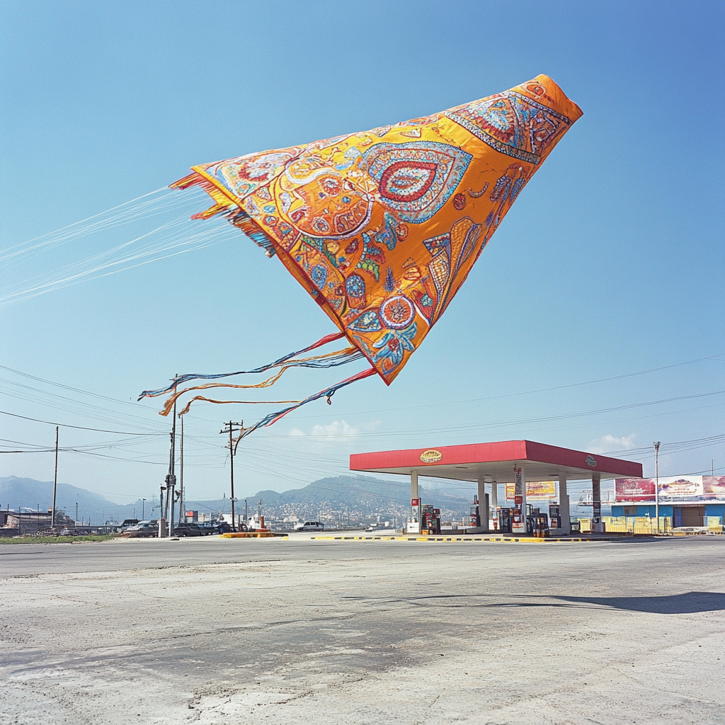 A Colorful Kite Soars Over Gas Station