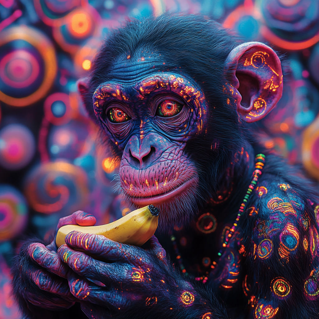 A Colorful Monkey with Banana in Surreal Setting