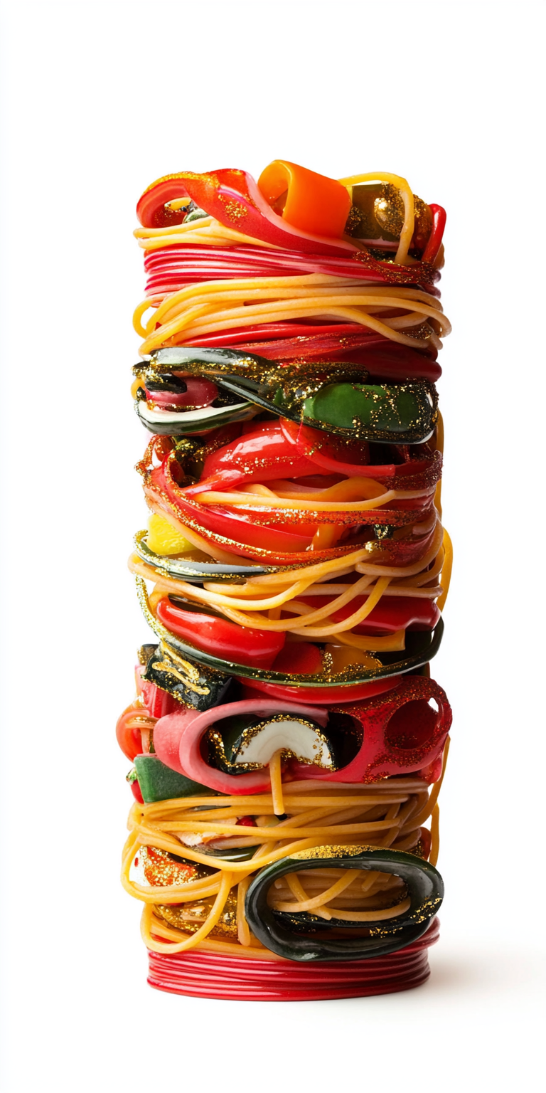 A Colorful Spaghetti Tower with Christmas Gifts